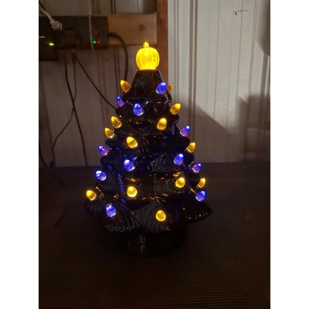 Lighted Black Ceramic Halloween Tree Pumpkin Topper 11in